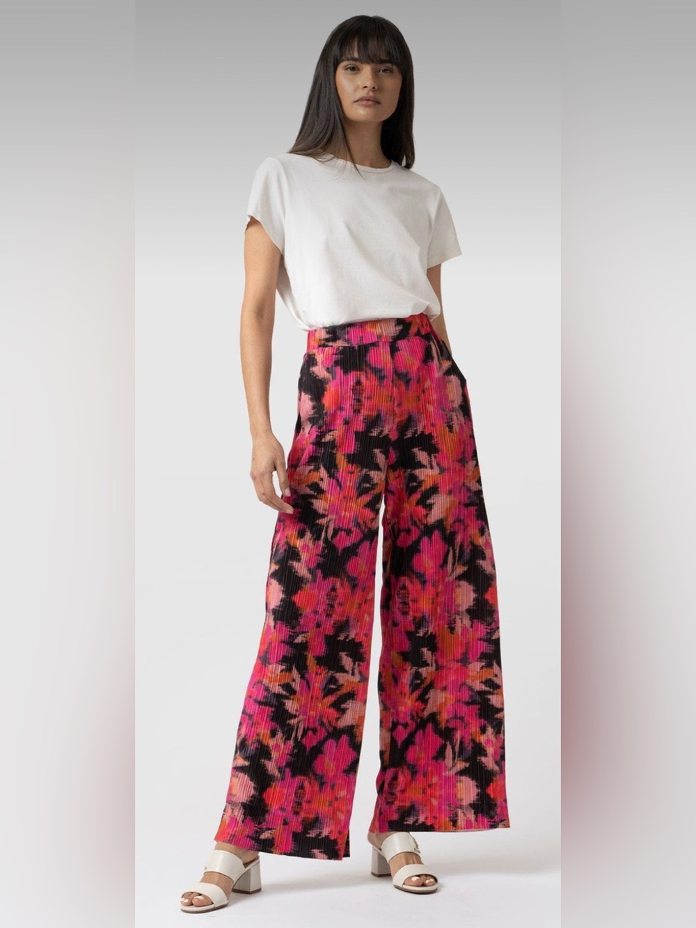 Saint + Wide-Leg Floral Print Pleated Pants in Pink & Black NWT